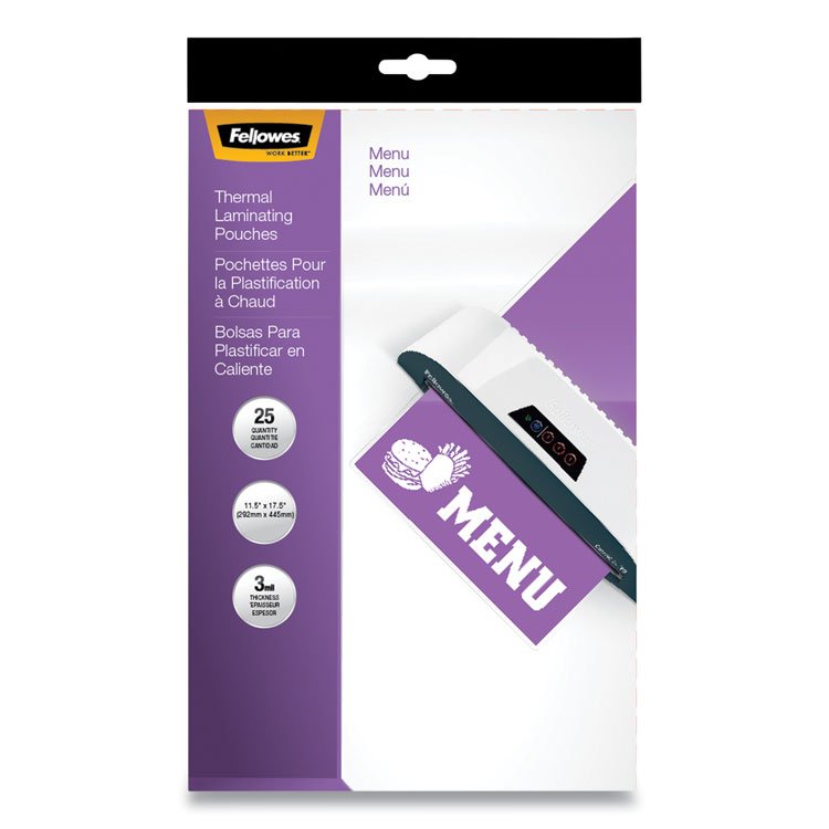 Fellowes Laminating Pouches, 3 mil, 12" x 18", Gloss Clear, 25/Pack (FEL52011)