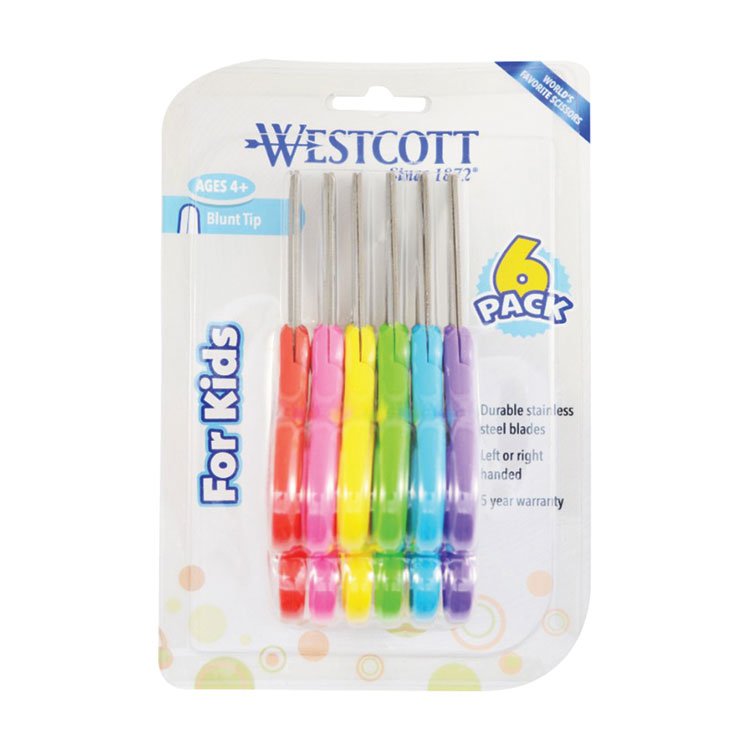 Westcott For Kids Scissors, Rounded Tip, 5" Long, 1.75" Cut Length, Straight Assorted Color Handles, 6/Pack (ACM16454)