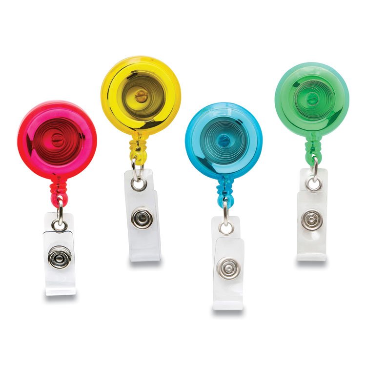 SICURIX ID Slide-Style Belt Clip Card Reels, 30" Extension, Round, Green/Light Blue/Pink/Yellow, 4/Pack (SRXBAU68894)