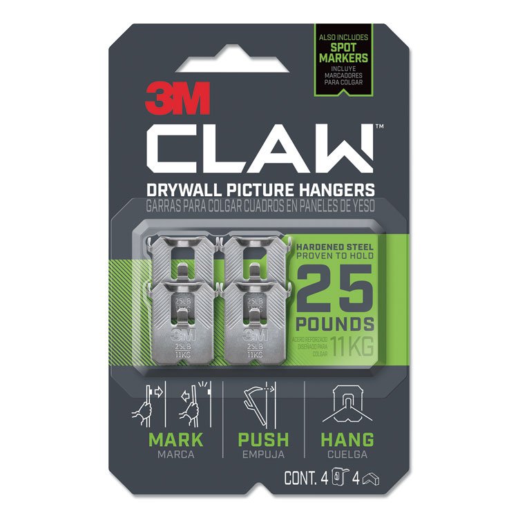 3M Claw Drywall Picture Hanger, Stainless Steel, 25 lb Capacity, 4 Hooks and 4 Spot Markers, (MMM3PH25M4ES)