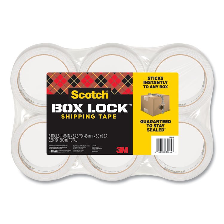 Scotch Box Lock Shipping Packaging Tape, 3" Core, 1.88" x 54.6 yds, Clear, 6/Pack (MMM39506)