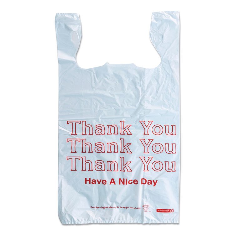 Monarch Plastic "Thank You - Have a Nice Day" Shopping Bags, Cut-Out Handles, 11.5" x 6.5" x 22", White/Red, 250/Box (AVE925128)