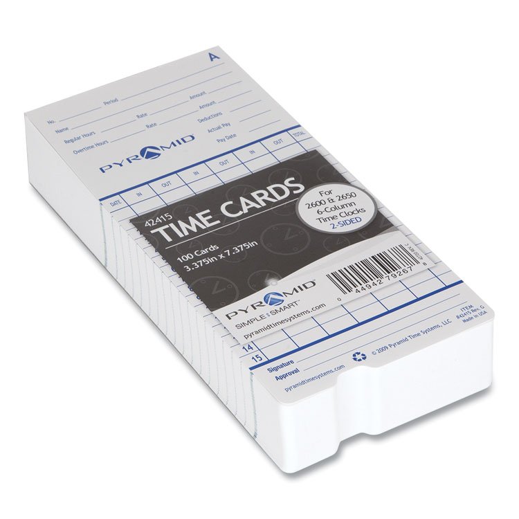 Pyramid Technologies Time Clock Cards for Pyramid Technologies 2000/6000, Two Sides, 3.38 x 7.44, 100/Pack (PTI42415)