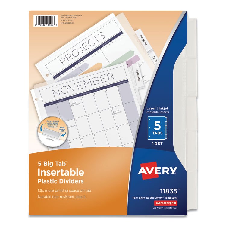 Avery Insertable Big Tab Plastic Dividers, 5-Tab, 11 x 8.5, Clear, 1 Set (AVE11835)