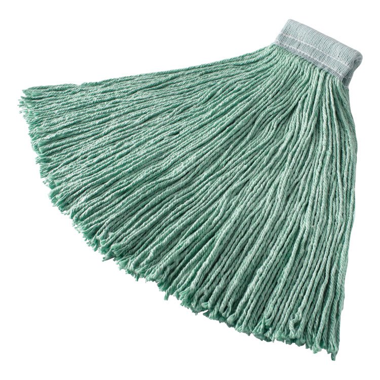 Rubbermaid Commercial Non-Launderable Cotton/Synthetic Cut-End Wet Mop Heads, 24 oz, Green, 5" White Headband (RCPF13700GR00)