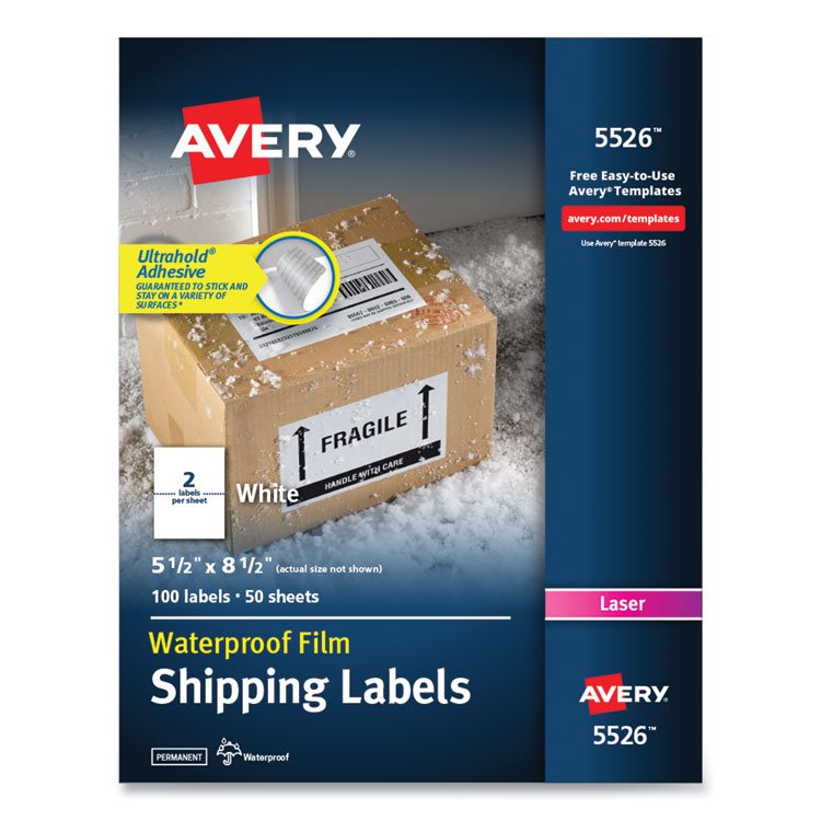 Avery Waterproof Shipping Labels with TrueBlock Technology, Laser Printers, 5.5 x 8.5, White, 2/Sheet, 50 Sheets/Pack (AVE5526)