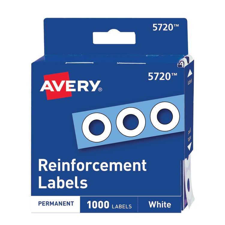 Avery Dispenser Pack Hole Reinforcements, 0.25" Dia, White, 1,000/Pack, (5720) (AVE05720)