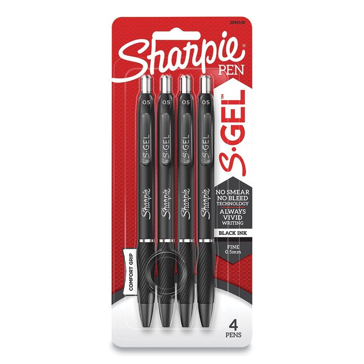 Sharpie S-Gel S-Gel High-Performance Gel Pen, Retractable, Fine 0.5 mm, Black Ink, Black Barrel, 4/Pack (SAN2096140)