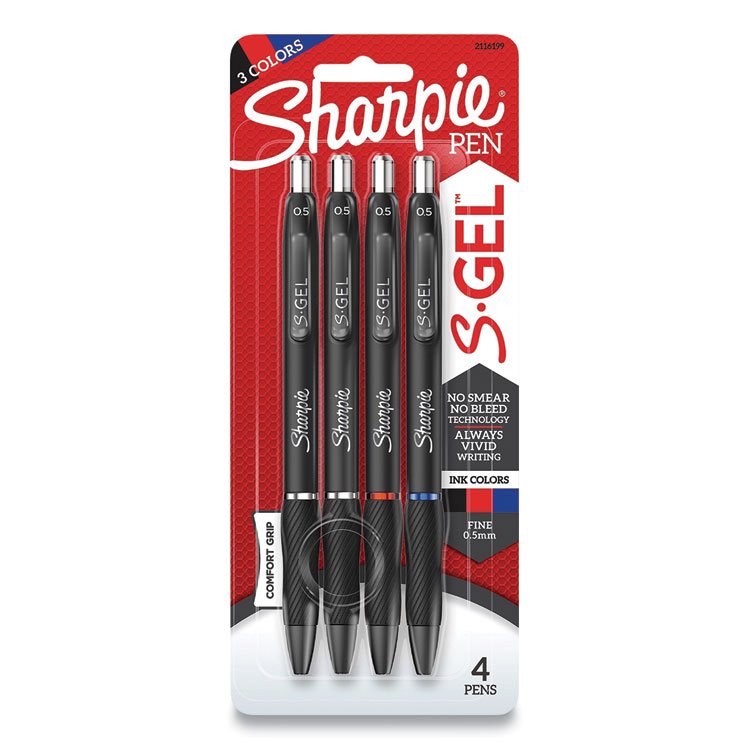 Sharpie S-Gel S-Gel High-Performance Gel Pen, Retractable, Fine 0.5 mm, Assorted Ink Colors, Black Barrel, 4/Pack (SAN2116199)