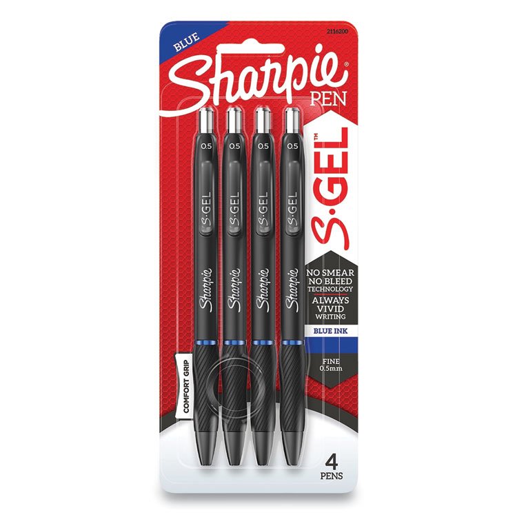 Sharpie S-Gel S-Gel High-Performance Gel Pen, Retractable, Fine 0.5 mm, Blue Ink, Black Barrel, 4/Pack (SAN2116200)