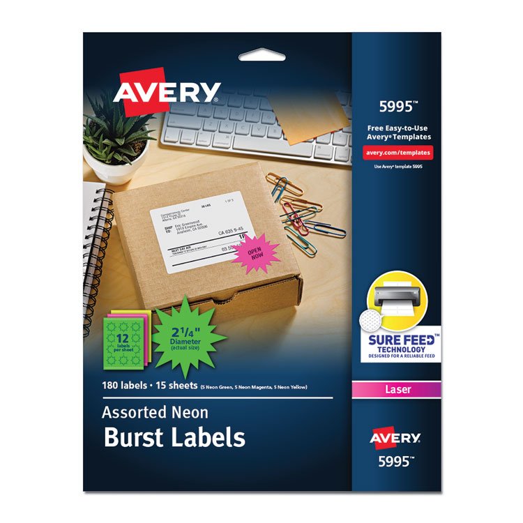 Avery High-Visibility ID Labels, Laser Printers, 2.25" dia, Assorted, 12/Sheet, 15 Sheets/Pack (AVE5995)