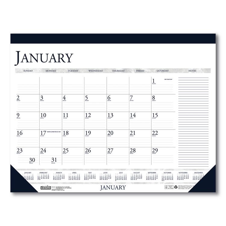 House of Doolittle Recycled Two-Color Monthly Desk Pad Calendar with Notes Section, 22 x 17, Blue Binding/Corners, 12-Month (Jan-Dec): 2026 (HOD164)