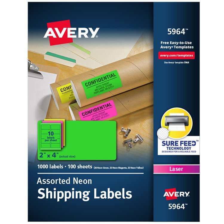 Avery High-Visibility Permanent Laser ID Labels, 2 x 4, Neon Assorted, 1000/Box (AVE5964)