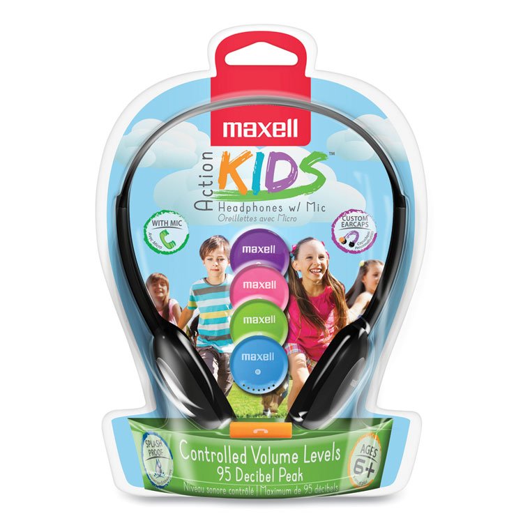 Maxell Kids Safe Headphones with Inline Microphone, 4 ft Cord, Black with Interchangeable Pink/Blue/Silver Caps (MAX195004)