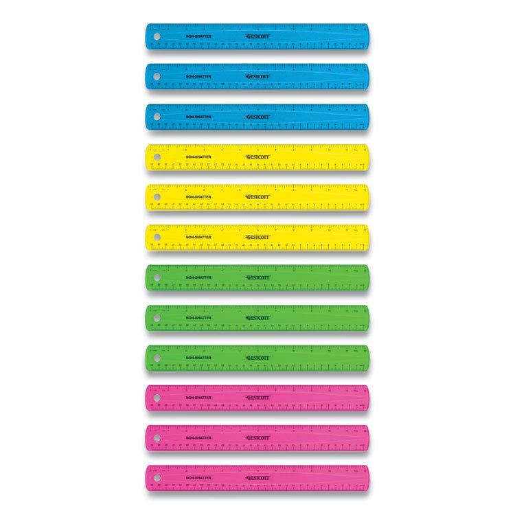 Westcott Non-Shatter Flexible Ruler, Standard/Metric, 12" (30 cm) Long, Plastic, Assorted Translucent Colors, 12/Box (ACM17721)