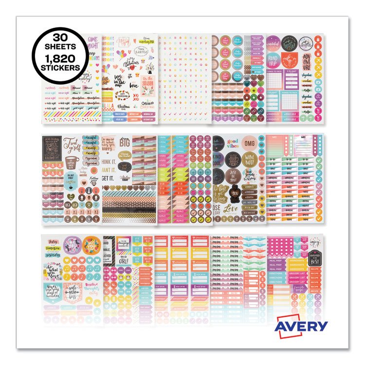 Avery Planner Sticker Variety Pack for Moms: Budget, Family, Fitness, Holiday and Work Stickers, Assorted Sizes and Colors, 1820/PK (AVE6780)