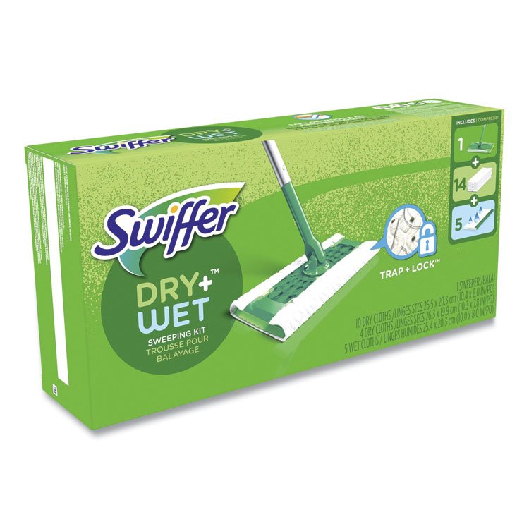 Swiffer Sweeper Mop, 10 x 4.8 White Cloth Head, 46" Silver/Green Aluminum/Plastic Handle (PGC49947)