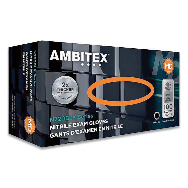 AMBITEX N720 Series Powder-Free Nitrile Gloves, Medium, 6 mil Thick, 12" Long, Black, 100/Box, 10 Boxes/Carton (TXINMD720BLK)