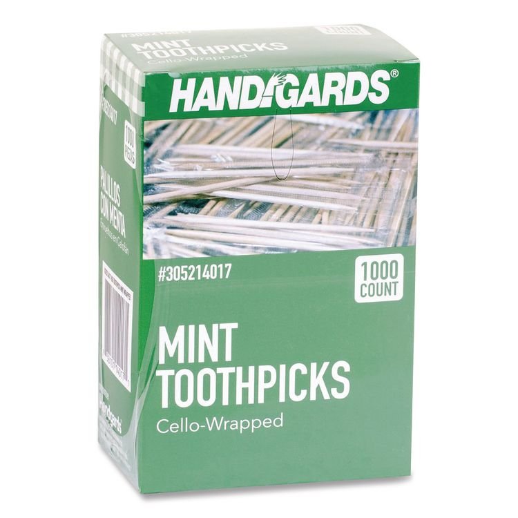 Handgards Individually Wrapped Round Wood Mint Toothpicks, 4", Natural, 1,000/Box, 12 Boxes/Carton (HDG426605)