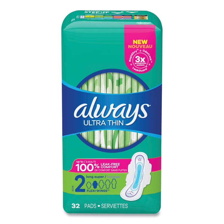 Always Ultra Thin Pads with Wings, Size 2, Long, Super Absorbent, 32/Pack (PGC97020PK)