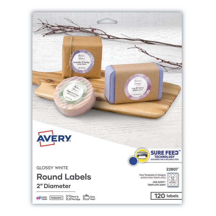 Avery Round Print-to-the Edge Labels with Sure Feed and Easy Peel, 2" dia, Glossy White, 120/PK (AVE22807)