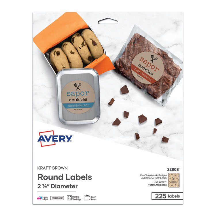 Avery Round Brown Kraft Print-to-the-Edge Labels, 2.5" dia, 225/PK (AVE22808)