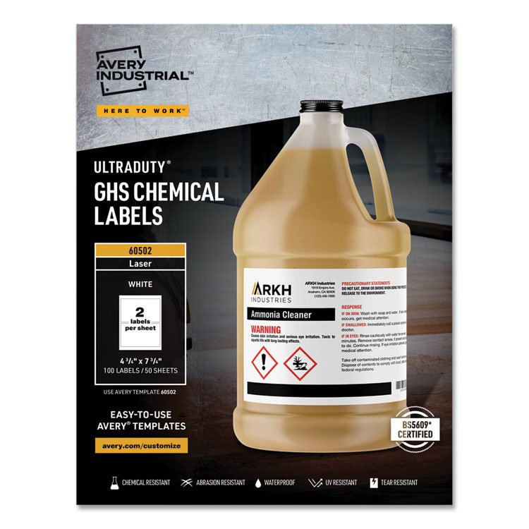 Avery UltraDuty GHS Chemical Waterproof and UV Resistant Labels, 4.75 x 7.75, White, 2/Sheet, 50 Sheets/Box (AVE60502)