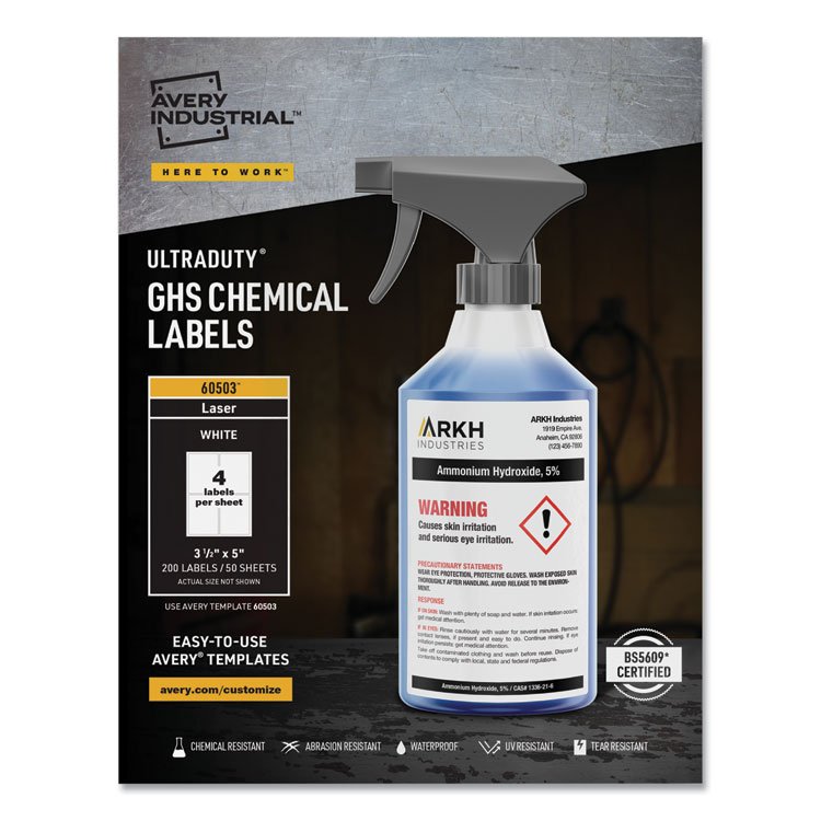 Avery UltraDuty GHS Chemical Waterproof and UV Resistant Labels, 3.5 x 5, White, 4/Sheet, 50 Sheets/Box (AVE60503)