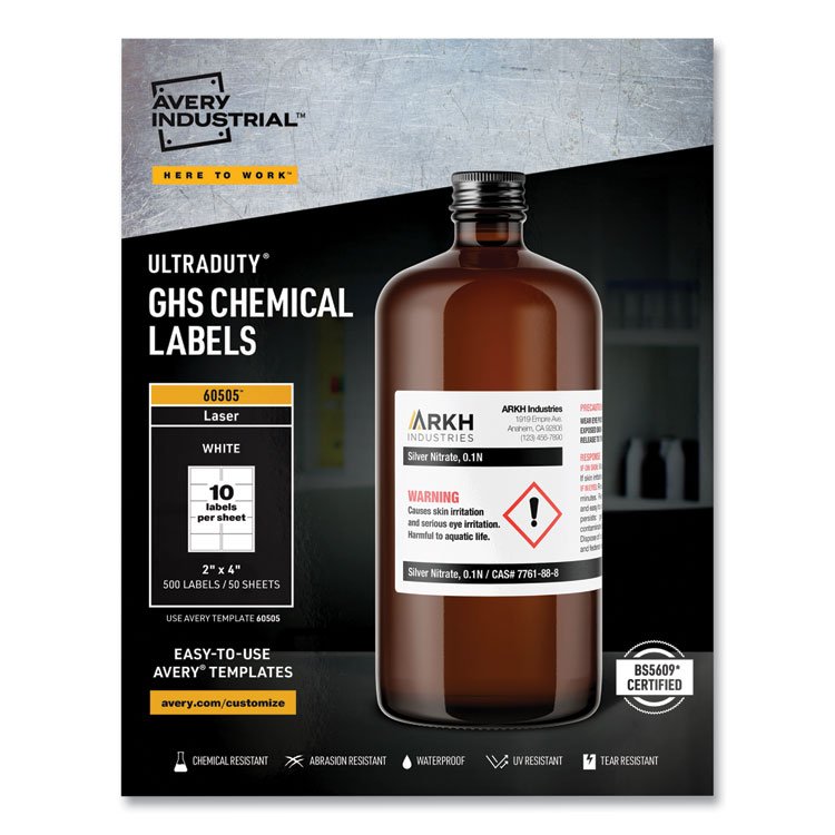 Avery UltraDuty GHS Chemical Waterproof and UV Resistant Labels, 2 x 4, White, 10/Sheet, 50 Sheets/Box (AVE60505)