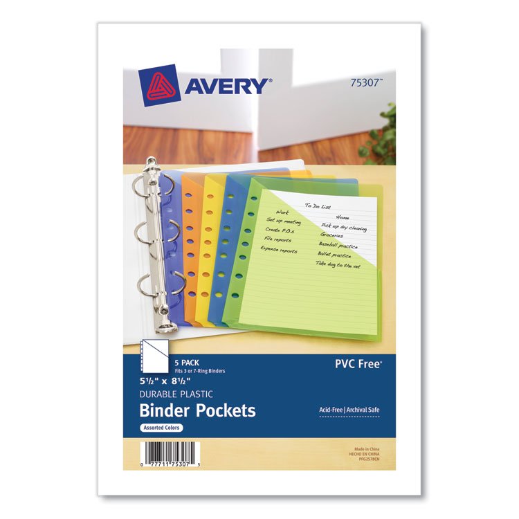 Avery Small Binder Pockets, Standard, 7-Hole Punched, Assorted, 9.25 x 5.5, 5/Pack (AVE75307)