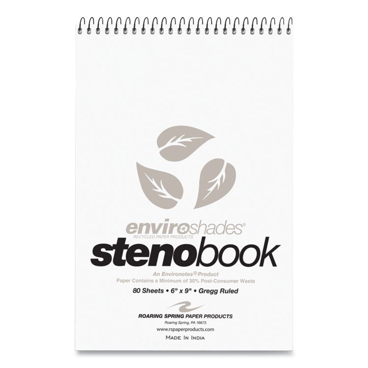 Roaring Spring Enviroshades Steno Notepad, Gregg Rule, White Cover, 80 Gray 6 x 9 Sheets, 4/Pack (ROA12274)