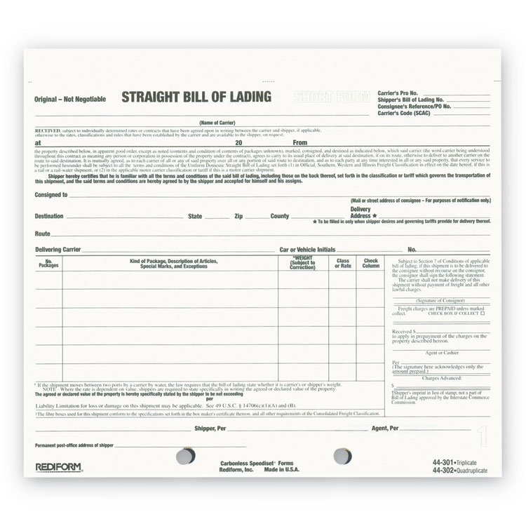 Rediform Snap-A-Way Bill of Lading, Short Form, Three-Part Carbonless, 7 x 8.5, 250 Forms Total (RED44301)