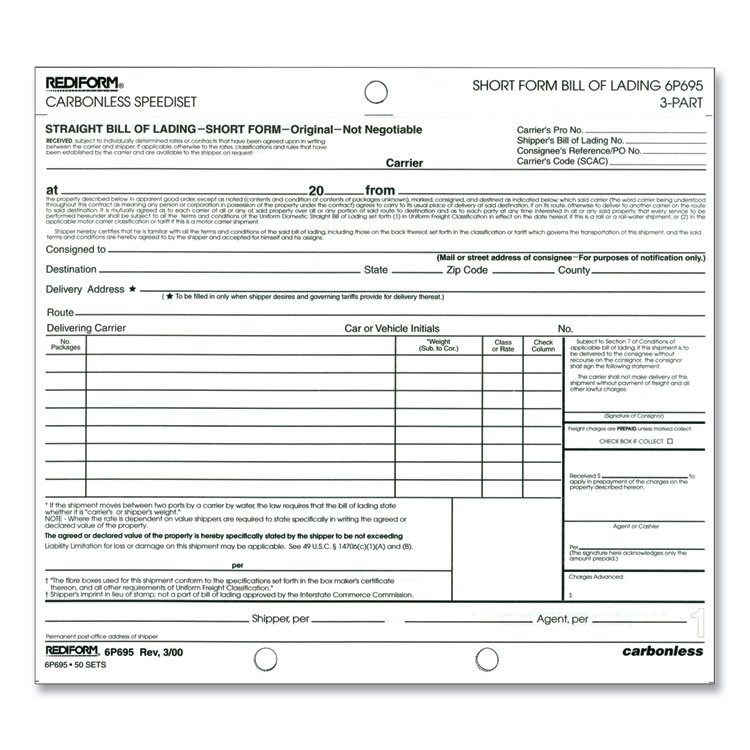 Rediform Speediset Bill of Lading, Short Form, Three-Part Carbonless, 7 x 8.5, 50 Forms Total (RED6P695)