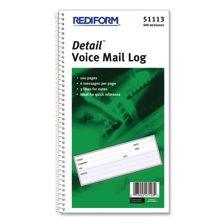 Rediform Detail Wirebound Voice Mail Log Book, One-Part (No Copies), 5 x 1.63, 6 Forms/Sheet, 600 Forms Total (RED51113)