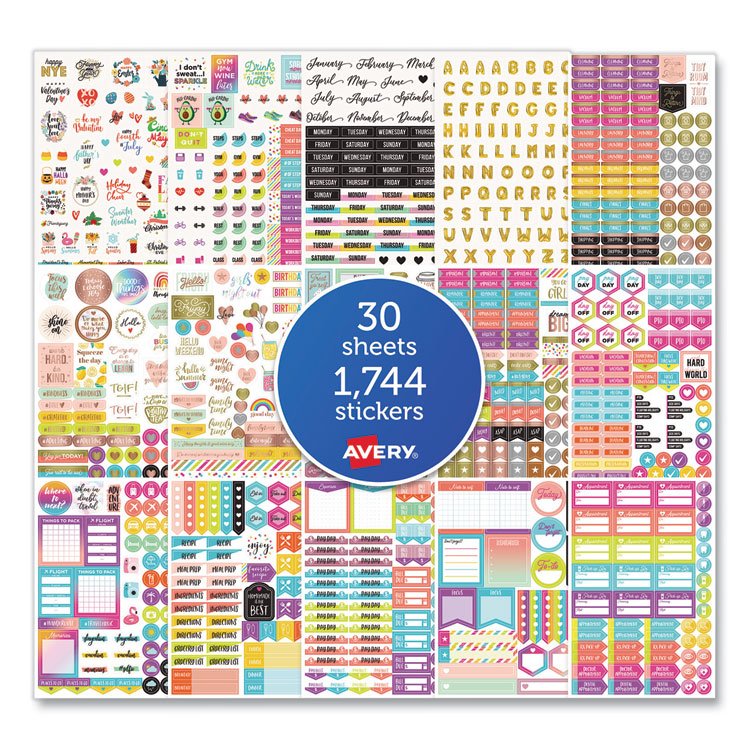 Avery Planner Sticker Variety Pack: Budget, Fitness, Motivational, Seasonal and Work Stickers, Assorted Sizes and Colors, 744/Pack (AVE6785)