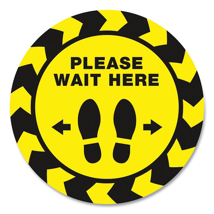 Avery Social Distancing Floor Decals, 10.5" dia, Please Wait Here, Yellow/Black Face, Black Graphics, 5/Pack (AVE83020)