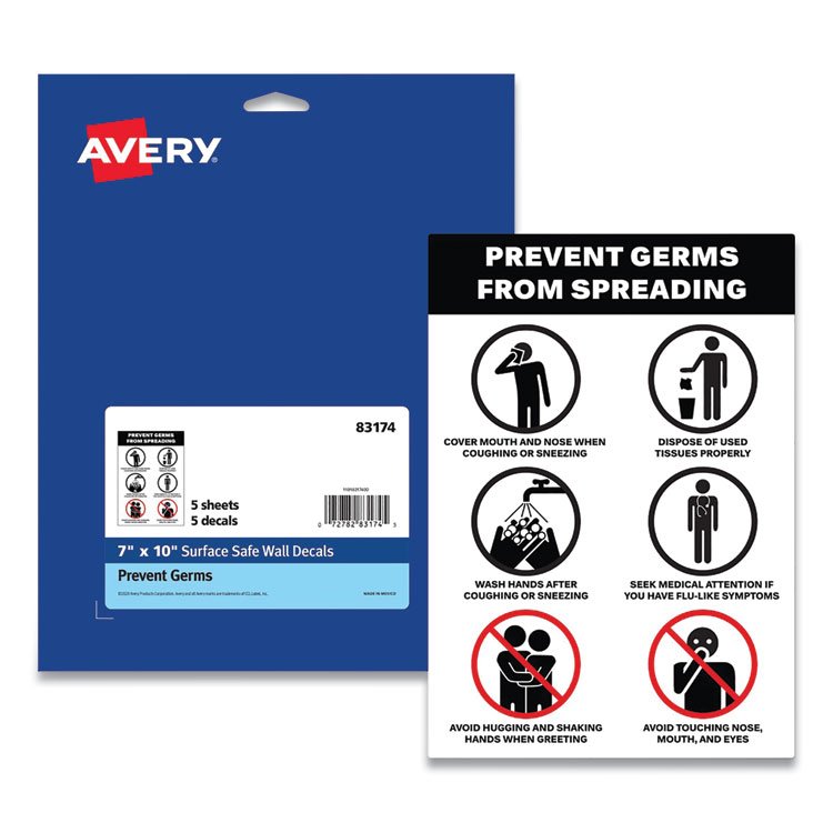 Avery Preprinted Surface Safe Wall Decals, 7 x 10, Prevent Germs from Spreading, White/Black Face, Black Graphics, 5/Pack (AVE83174)