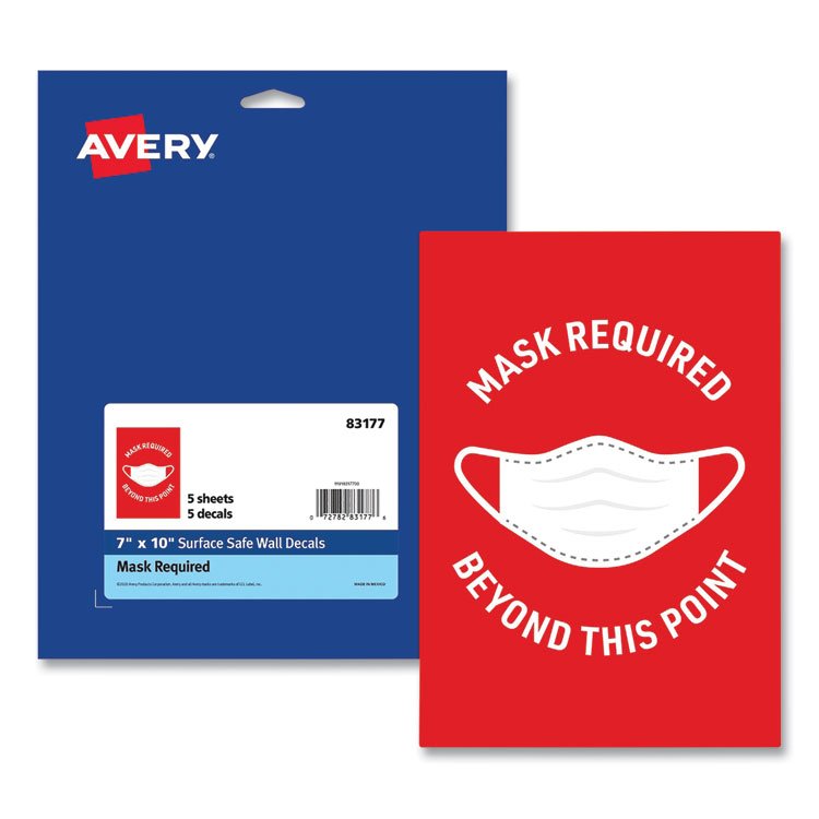 Avery Preprinted Surface Safe Wall Decals, 7 x 10, Mask Required Beyond This Point, Red Face, White Graphics, 5/Pack (AVE83177)