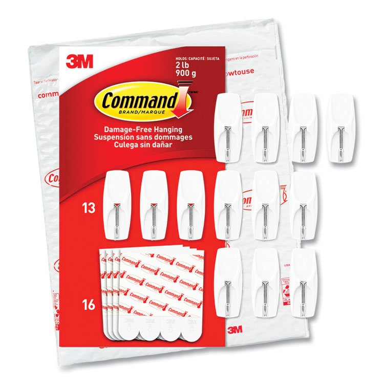 Command General Purpose Wire Hooks, Medium, Metal, White, 2 lb Capacity, 13 Hooks and 16 Strips/Pack (MMM1706513)
