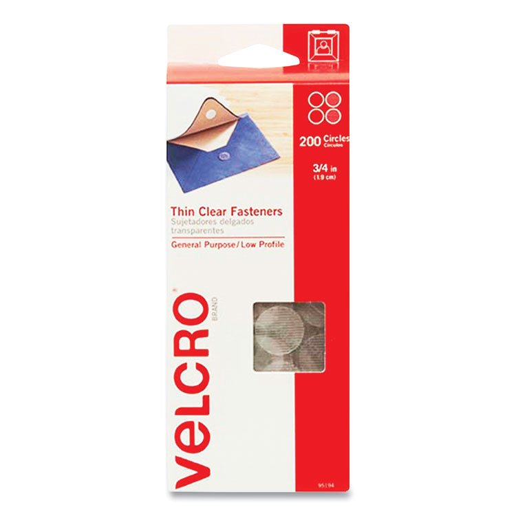 VELCRO Brand Sticky-Back Fasteners, Complete Sets, 0.75" dia, Clear, 200/Pack (VEK95194)