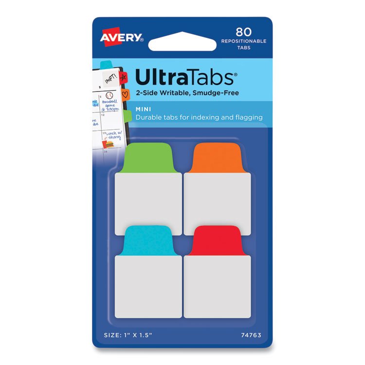 Avery Ultra Tabs Repositionable Tabs, Mini Tabs: 1" x 1.5", 1/5-Cut, Assorted Colors, 80/Pack (AVE74763)