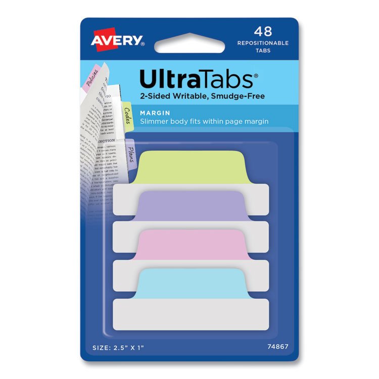 Avery Ultra Tabs Repositionable Tabs, Margin Tabs: 2.5" x 1", 1/5-Cut, Assorted Pastel Colors, 48/Pack (AVE74867)