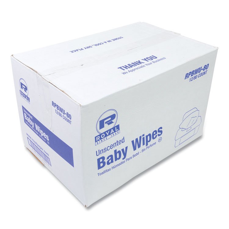 AmerCareRoyal Baby Wipes Tub, Unscented, White, 80/Tub, 12 Tubs/Carton (RPPRPBWU80)