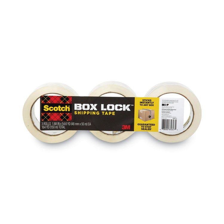 Scotch Box Lock Shipping Packaging Tape, 3" Core, 1.88" x 54.6 yds, Clear, 3/Pack (MMM39503)