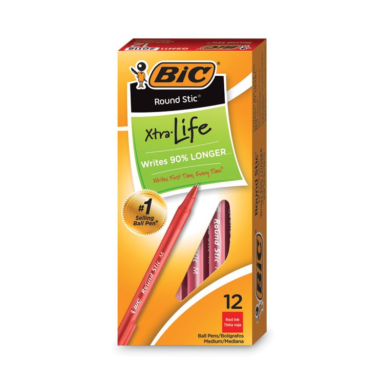 BIC Round Stic Xtra Life Ballpoint Pen, Stick, Medium 1 mm, Red Ink, Translucent Red Barrel, Dozen (BICGSM11RD)