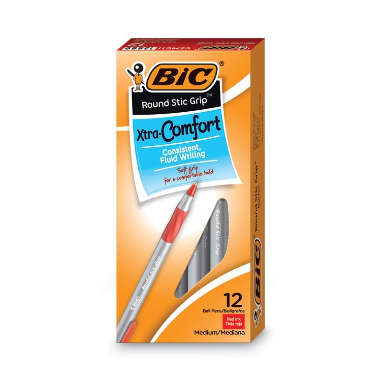 BIC Round Stic Grip Xtra Comfort Ballpoint Pen, Easy-Glide System, Stick, Medium 1.2 mm, Red Ink, Gray/Red Barrel, Dozen (BICGSMG11RD)