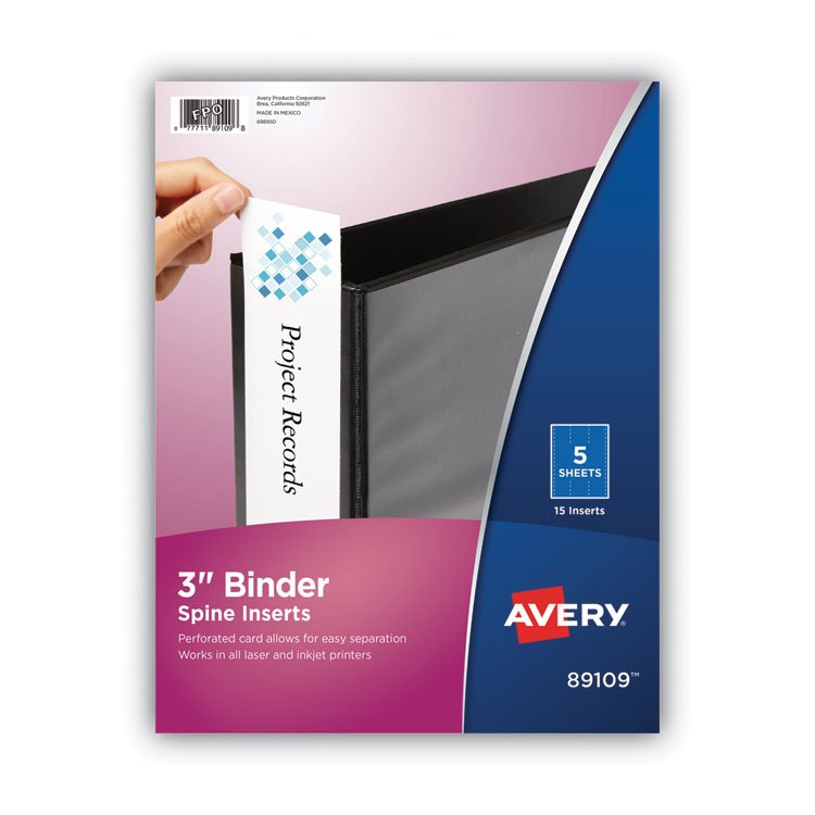 Avery Binder Spine Inserts, 3" Spine Width, 3 Inserts/Sheet, 5 Sheets/Pack (AVE89109)