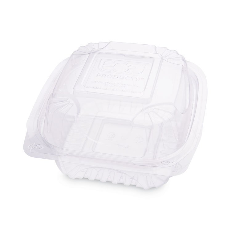 Eco-Products Renewable and Compostable Clear Clamshell Hinged Food Containers, 6 x 6 x 3, Plastic, 80/Pack, 3 Packs/Carton (ECOEPLC6)