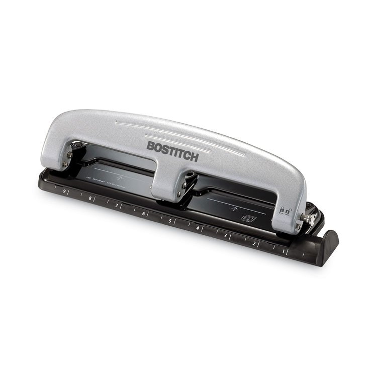Bostitch 12-Sheet EZ Squeeze Three-Hole Punch, 9/32" Holes, Black/Silver (ACI2101)