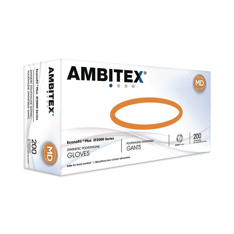 AMBITEX EconoFit Plus Polyethylene Gloves, Powder-Free, Medium, Clear, 200/Box, 10 Boxes/Carton (TXIEFMD2000)